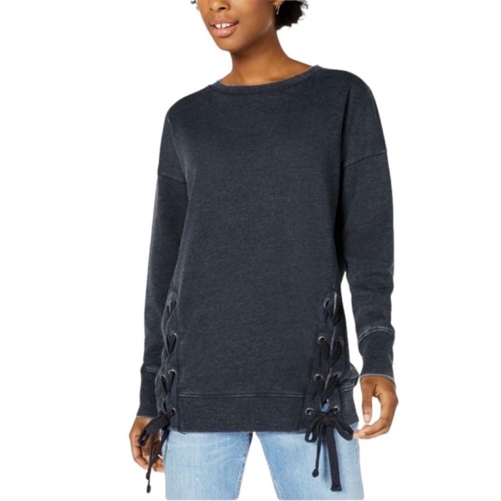 Hippie Rose Black Crewneck Side Lace-Up Long Sleeve Sweatshirt Size Medium